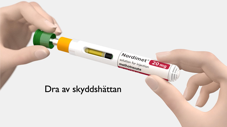 Illustration på Nordimet autoninjektion i två steg- steg 1